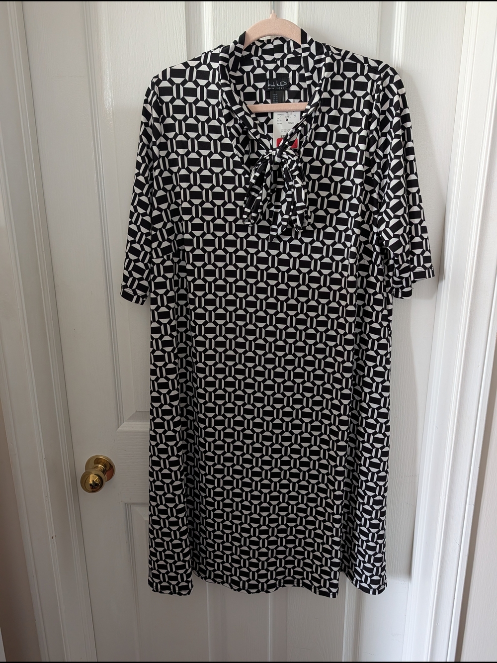 Black & White Geometric Tie-Neck Midi Dress